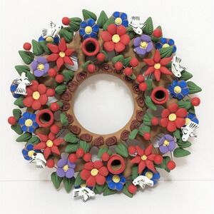 Vtg Folk Art Mexican Terracotta Pottery Wreath Candle Holder Bird Floral Advent